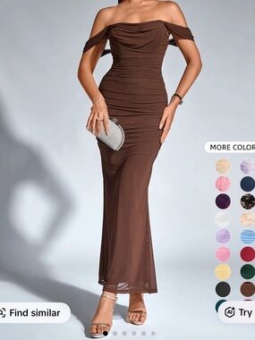 Parthea brown off-shoulder ruched maxi dress
